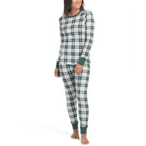 PETIT LEM Green White Red Holiday Plaid 100% Cotton Long Sleeve PJ Jogger Set